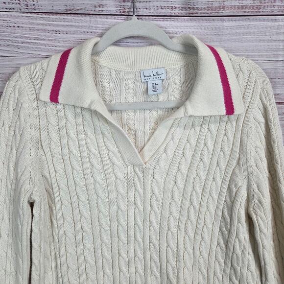 Nicole Miller White Pink Stripe Polo Cable Knit Sweater M Prep School Girl Lux - Picture 3 of 9